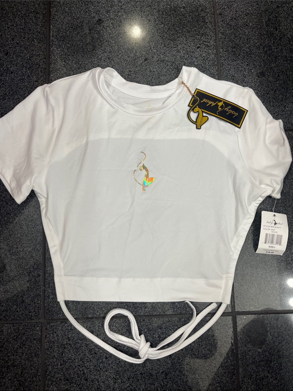 Baby Phat White Cropped Tee with Gold Holographic Logo open back